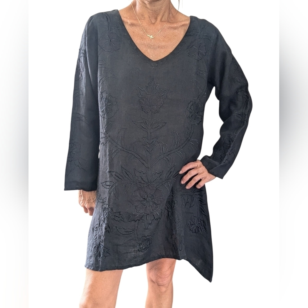 Vintage 90s Heart's Desire 100% Linen Embroidered Tunic Dress S